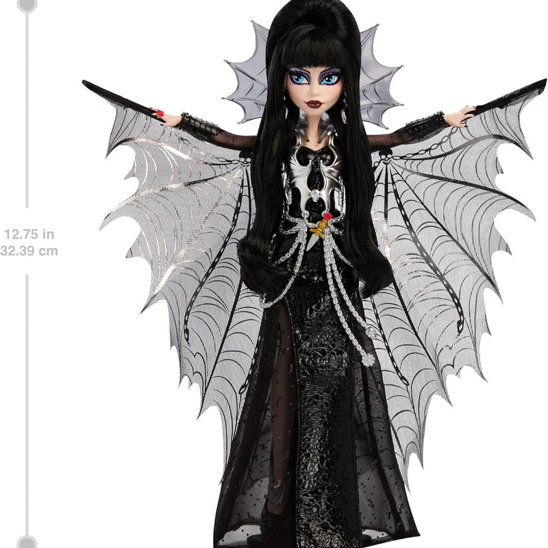 Monster High Doll, Elvira, Mistress of the Dark Collectible in Black Faux Leather Dress with Silvery Batwing Cape and Premium Accessories
