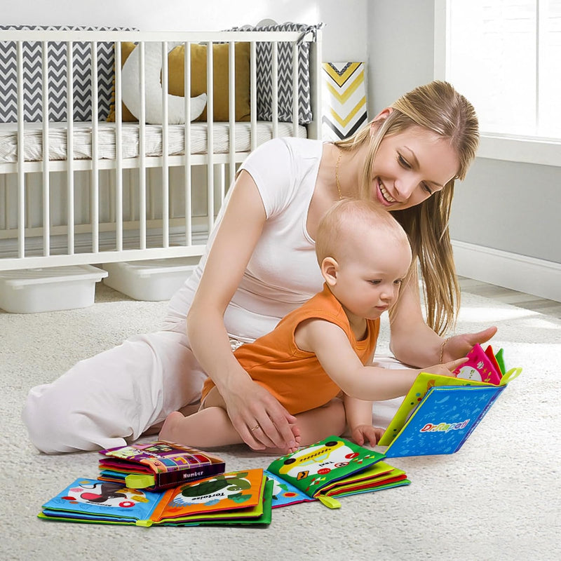 Dr.Rapeti 6-pack soft cloth baby books with crinkle squeaky washable non-toxic early educational themes for kids
