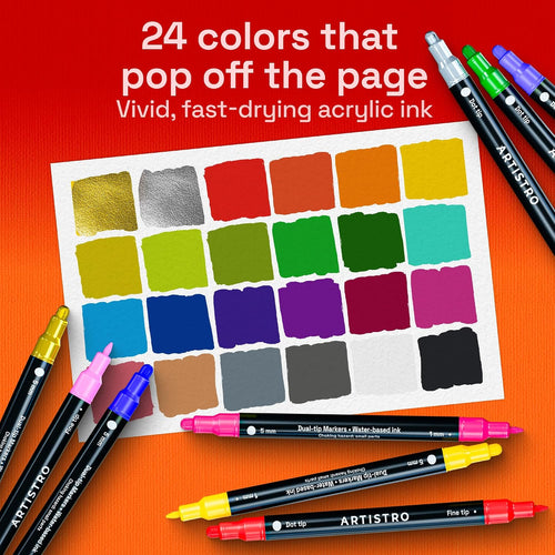 ARTISTRO 24 Precision Dual-Tip Acrylic Paint Markers – Paint Pens Set with Dot & Fine Tips for Fabric, Rock, Glass, Wood, Coloring Books – Arts & Crafts Gift – Classroom Must Haves & School Supplies