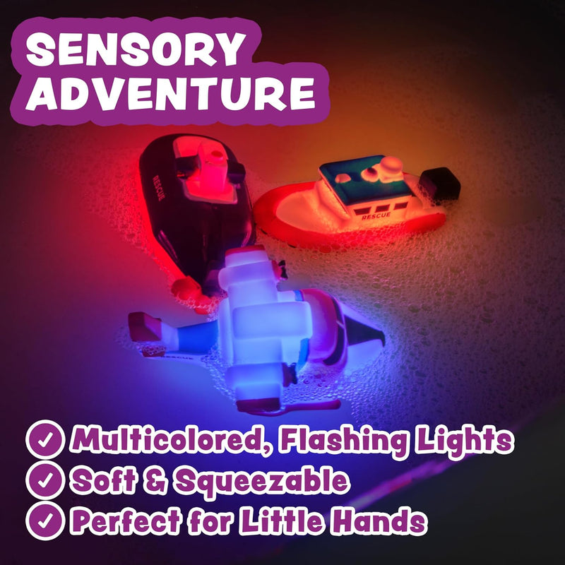 Tub Works® Ocean Rescue™ Vehicles Light Up Bath Toys, 6 Pack | Water-Activated Light Up Toys Flash & Change Color | Easy-Grip Baby & Toddler Bath Toys | Sensory Toys with Bath Lights for Kids Bath