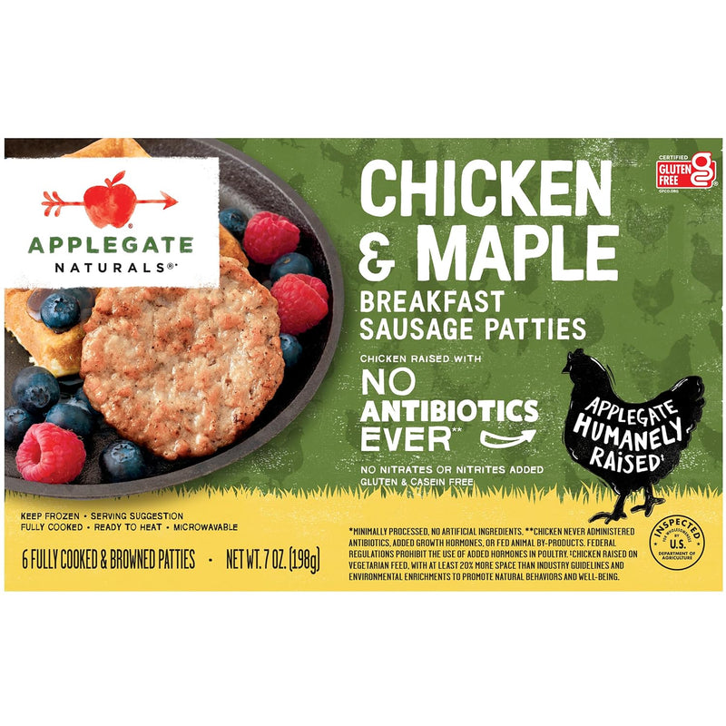 APPLEGATE NATURALS Chicken & Maple Breakfast Sausage Patties, 7oz | No Antibiotics Ever, Certified Gluten-Free, Fully Cooked, Frozen, Ready for busy mornings
