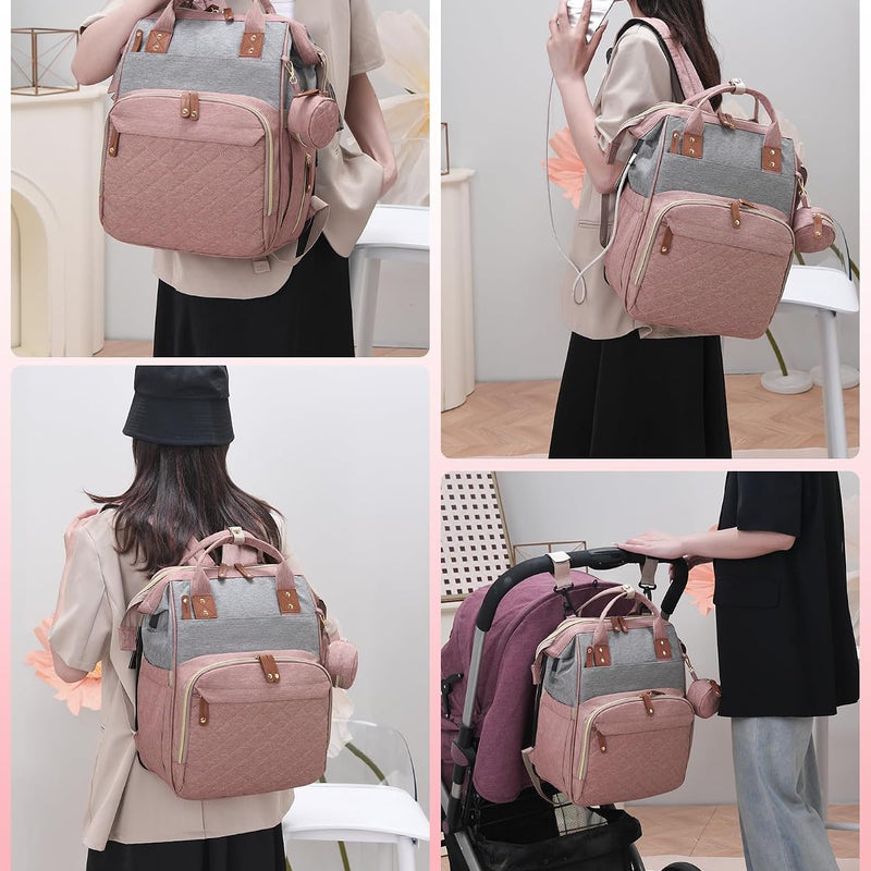 Diaper Bag with Changing Station, Waterproof 3 in 1 Diaper Backpack with Foldable Changing Pad, Large Travel Backpack for Mom & Dad, Baby Gift for Baby Girl & Boy, Pink-Grey