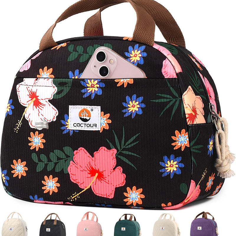 CaCTOUR Lunch Box for Women Girls Teens,Cute Lunch Box Cooler Bag, Portable Insulated Small Lunch Bag Women Reusable Corduroy Lunch Tote for Work/Travel/Picnic/School (Flower)