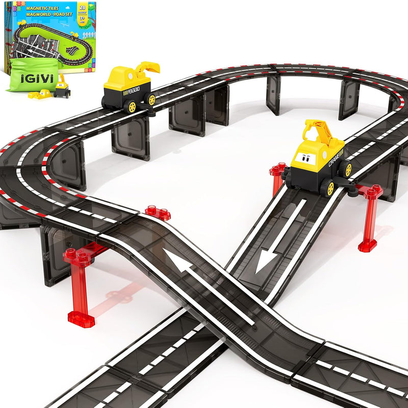 104 PCS Magnetic Tiles Road Set for Kids Ages 3-5, 5-7, 4-8, Magnet Building Blocks for Toddler Toys Games