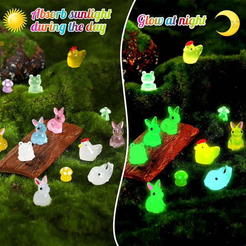 135 PCS Luminous Mini Resin Ducks Tiny Glow in The Dark Duck/ Chickens/ Rabbit/ Frogs /Dolphin /Mushroom/ 6 Combination Sets Resin Miniature Animals for Micro Landscape Dollhouse Garden Decoration