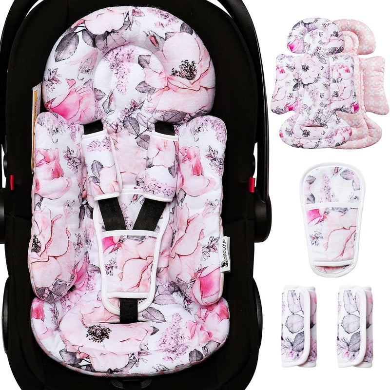 BOMOLOUR Infant Car Seat Insert for Baby Head Body Support, Pink | Reversible, Adjustable For 0-24 Months, Versatile Fits For Baby Car Seat ,Stroller, Swing, For Preemie, Newborn, Infant