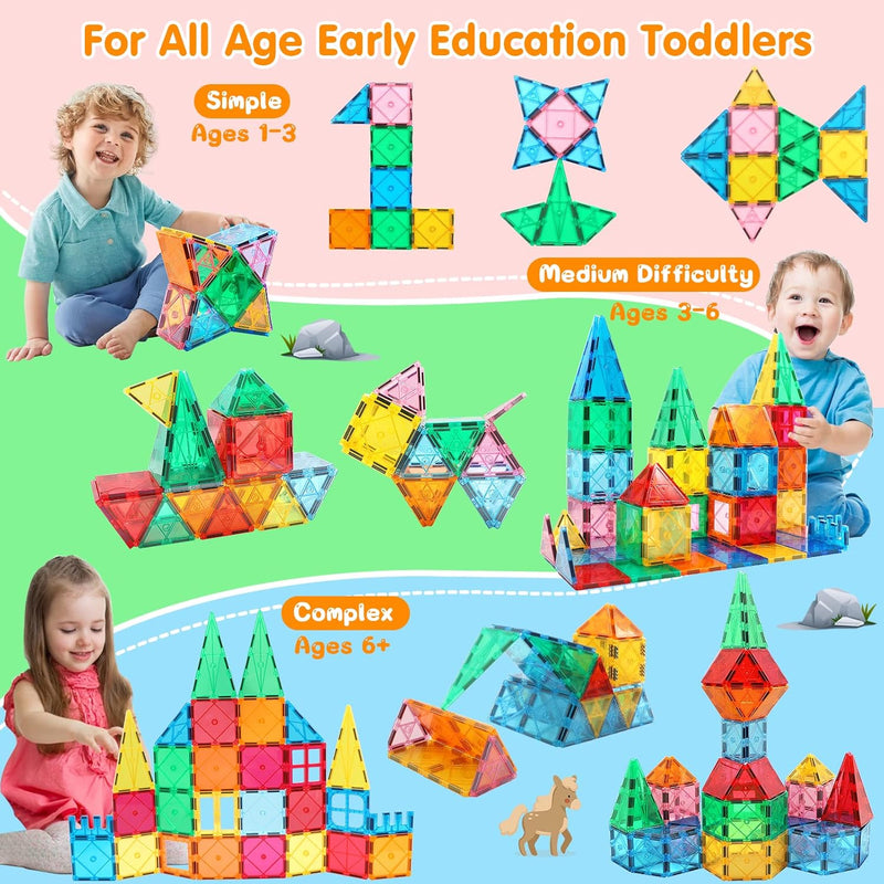 Mruikeny Magnetic Tiles Building Blocks for 3 4 5 6 7 8+ Years Old Boys Girls Colorful Magnet Stacking Toys Birthday Gift for Toddlers STEM Preschool Educational Construction Tiles Set