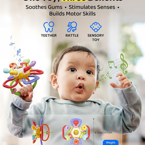 Baby Montessori Silicone Teething Toy with Rattle - Safe, BPA-Free for Teething Relief & Sensory Play, 0-12 Months