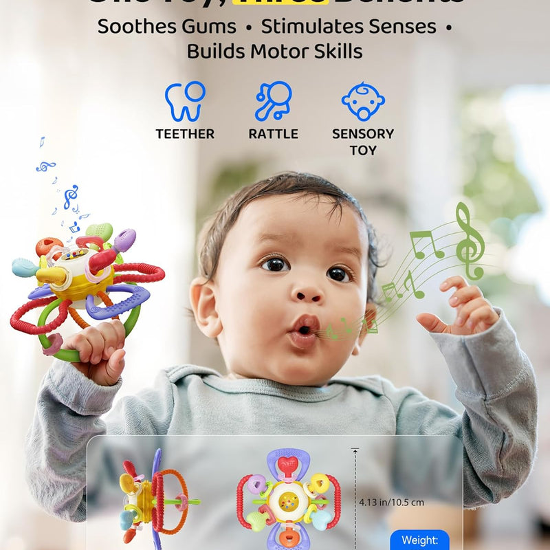 Baby Montessori Silicone Teething Toy with Rattle - Safe, BPA-Free for Teething Relief & Sensory Play, 0-12 Months