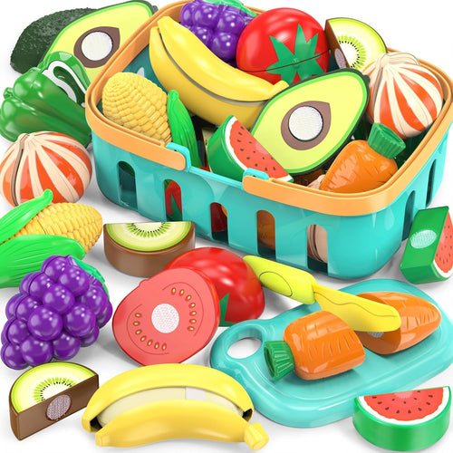Cutting Play Food Toys for Kids with 28-Piece Fruits and Vegetables Set and Shopping Storage Basket