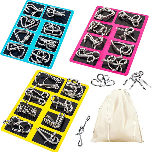 24-Piece Metal Wire Puzzle Set with Pouch, Brain Teaser IQ Test for Kids and Adults