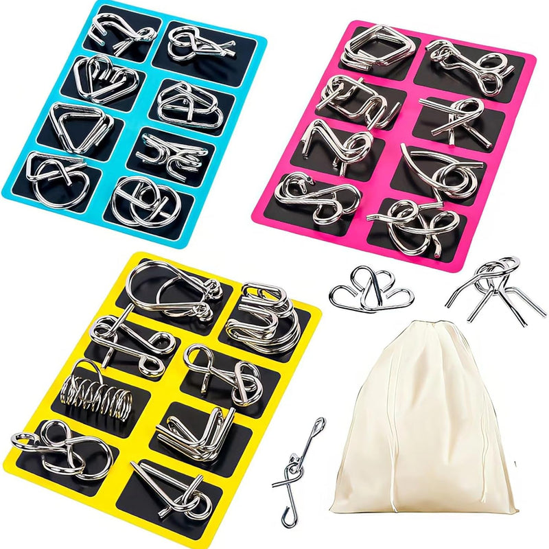 24-Piece Metal Wire Puzzle Set with Pouch, Brain Teaser IQ Test for Kids and Adults