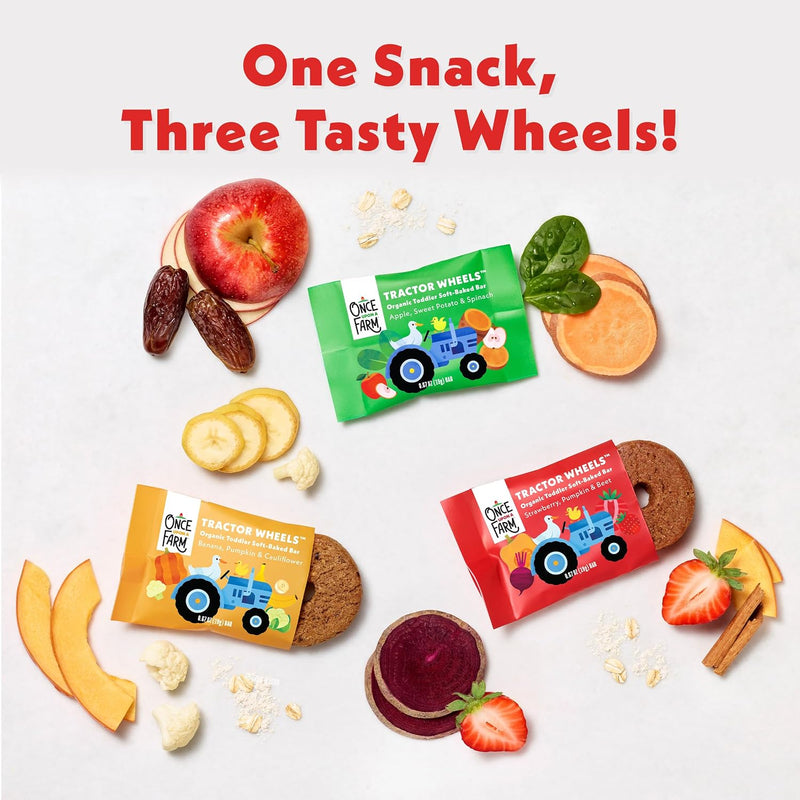 Once Upon a Farm Organic Tractor Wheels Bars Variety Pack, 30 Ct, Non-GMO | Once Upon a Farm Organic Tractor Wheels Bars Variety Pack, Apple, Strawberry, Banana, No Added Sugar, Non-GMO, 30 Bars