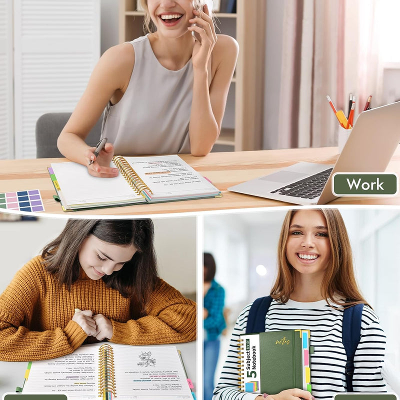 5 Subject Spiral Notebook Journal with Removable Dividers Tabs, 300 Pages Organizer Notebooks for Work School, 8"x10" Hardcover Leather Notebook College Ruled, Large Lined Journal for Women Men,Green