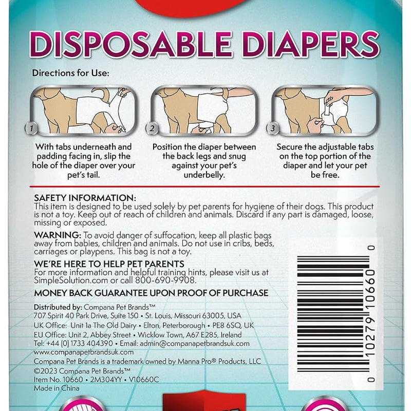 Simple Solution Female Dog Diapers, Disposable Dog Diapers, L/XL, 30 Count | Dog in Heat, Potty Training, Incontinence Support, Leak Proof, Puppy Training, Disposable Protection, Secure Fit, 18-27 Inch