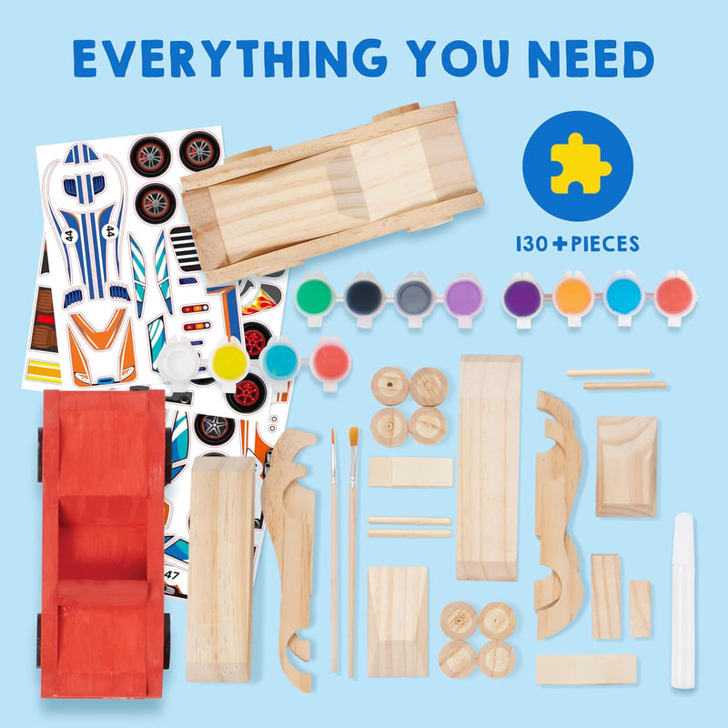 Klever Kits 4 DIY Wooden Race Cars Craft Kit for Kids, Easy to Assemble Arts and Crafts Toy with Paint and Stickers