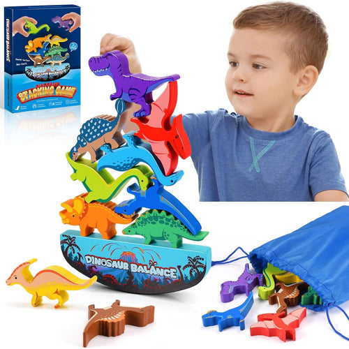 IPOURUP Dinosaur Blocks for Kids 3-5 Wooden Stacking Montessori Toy for 3 4 5 6 7 8 Year Old Boys and Girls