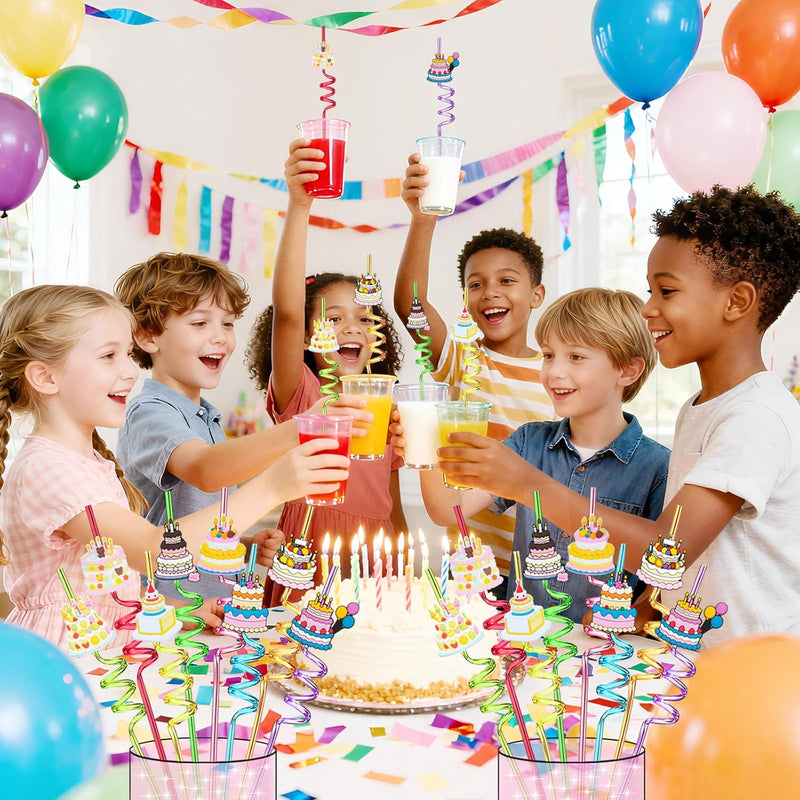 LEDUO 24-Piece Reusable Birthday Straws - Swirly, Glittery Cake Toppers for Kids' Parties