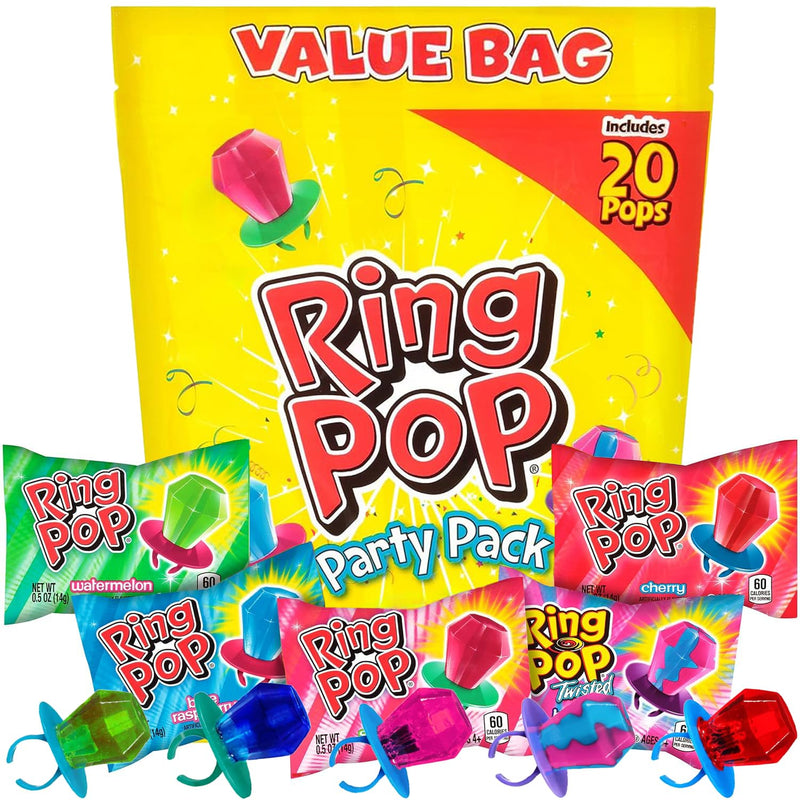 Ring Pop Lollipops - Bulk Candy Individually Wrapped Suckers Variety | Party Pack- 20 Count w/Assorted Flavors - Hard Candy for Party Favors, Kids & Goodie Bag Stuffers 0.63 Pounds
