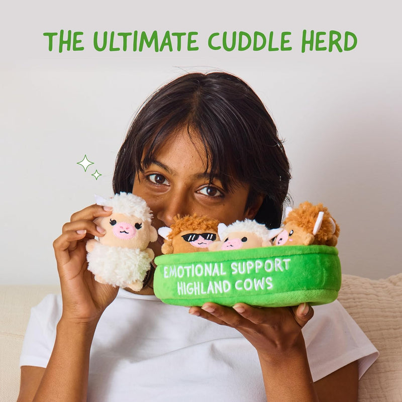 Emotional Support Highland Cows by Relatable, Cuddly Stuffed Animals, Plushies, and Cute Stuff, Great Gift Ideas for Loved Ones of All Ages, Includes 5 Toys with Carrying Basket
