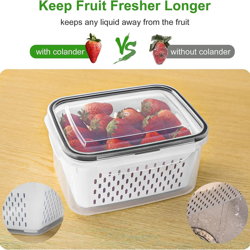 Fruit Storage Containers for Fridge with Removable Colander 4 PCS | Airtight Food Storage Container Dishwasher Safe Produce Saver for Refrigerator Keep Berry Fruit Fresh Longer Small Clear