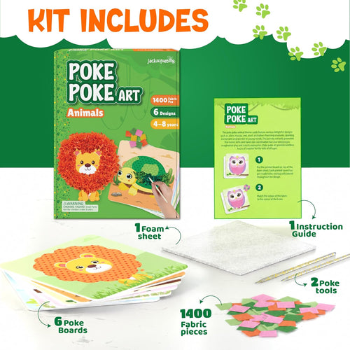 jackinthebox Poke Art Animals Crafts Kits for Kids, Boys & Girls, Ages 4-8 | 1400 fabric pieces, gift, travel activities & toys, essentials, projects for toddlers, 3 4 5 6 7 8 year old, flower pressing