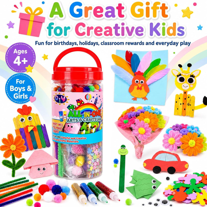 FUNZBO Arts and Crafts Supplies for Kids - Toddler DIY Craft Set | with Glitter Glue Sticks, Pipe Cleaners, Pom Poms , Popsicle Sticks Tools for School, Birthday Gifts for Boys & Girls Ages 4+