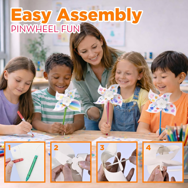 4E's Novelty 24 Pack DIY Pinwheels Craft for Kids, Bulk Summer Pinwheel Craft Kit, Color Your Own Paper Windmill Patriotic Pinwheels for Kids Bulk 4th ofJuly Craft for Kids Art Games