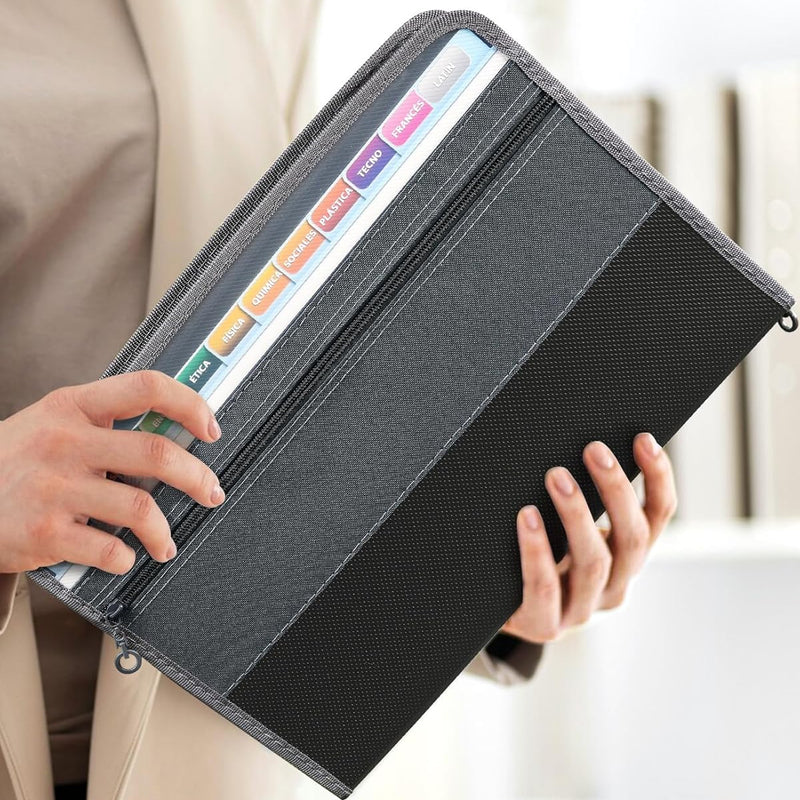 Sooez Accordion File Organizer with Safe Zipper, 12 Pocket Expanding File Folder with Front Pencil Pouch, Portable Monthly Paper Bill Tax Receipt Organizer, School Office Supplies, Letter Size, Grey