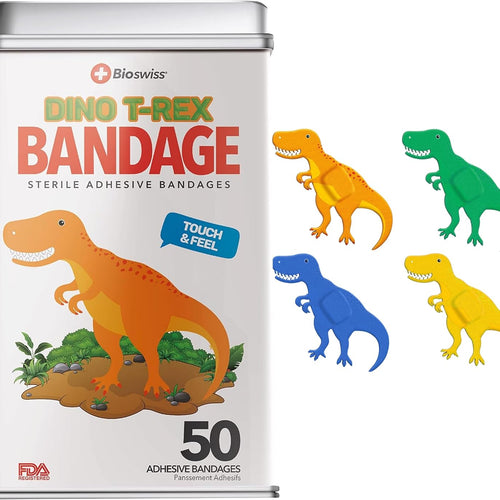 BioSwiss Bandages, Dinosaur Shaped Self Adhesive Bandage Set, Latex Free, Sterile Wound Care, 50 Count