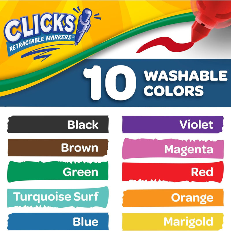 Crayola Clicks Retractable Tip Markers (10ct), Washable Cone Tip Art Marker Set, Cute Aesthetic School Supplies, Classroom Must Haves, Ages 3+