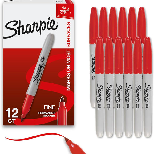 Sharpie Permanent Markers, Fine Tip, Red, 12 Count - Office Supplies, Quick Drying, Fade Resistant, For Plastic, Metal, Wood, And More