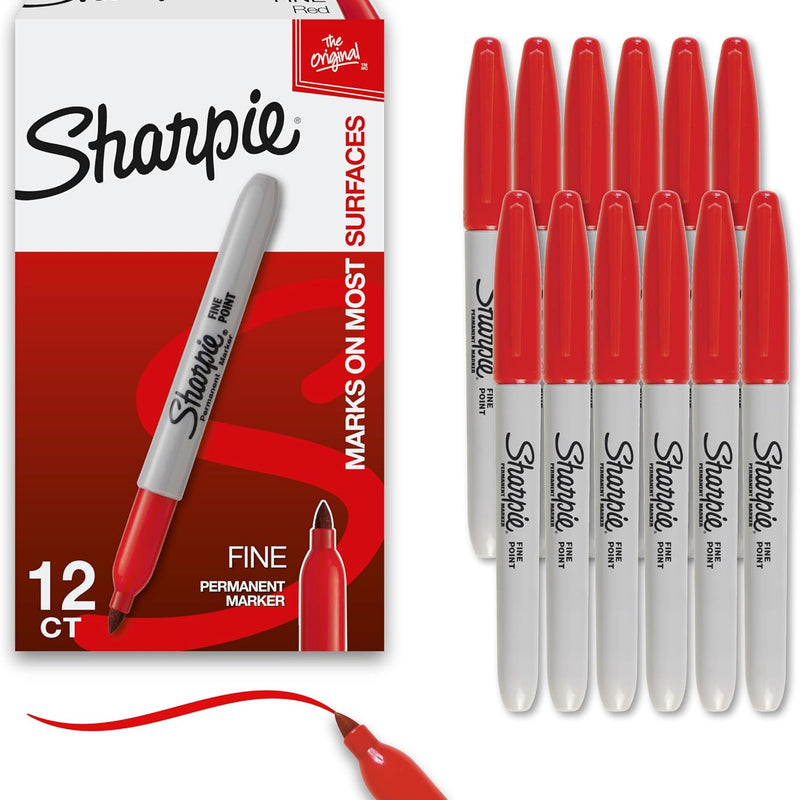 Sharpie Permanent Markers, Fine Tip, Red, 12 Count - Office Supplies, Quick Drying, Fade Resistant, For Plastic, Metal, Wood, And More