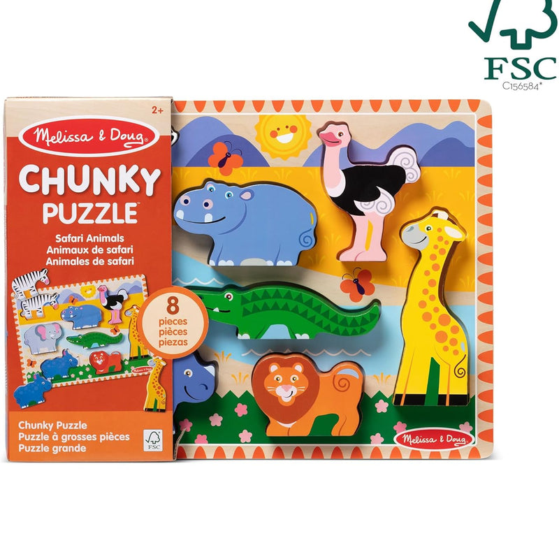 Melissa & Doug Safari Wooden Chunky Puzzle (8 pcs) for Toddlers and Preschoolers, FSC Certified, Ages 2+