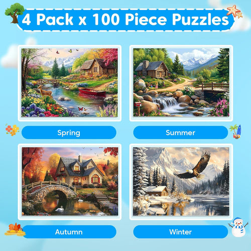 4-Pack 100 Piece Puzzles for Seniors Country Life Large Piece Puzzles for Seniors Puzzle Dementia Alzheimer's Products Activities for Elderly Adults Kids Puzzle for Kids Ages 6-8 8-10