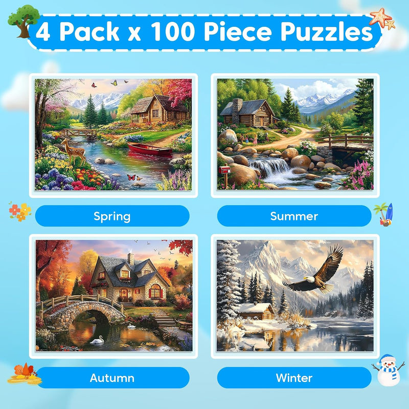 4-Pack 100 Piece Puzzles for Seniors Country Life Large Piece Puzzles for Seniors Puzzle Dementia Alzheimer's Products Activities for Elderly Adults Kids Puzzle for Kids Ages 6-8 8-10