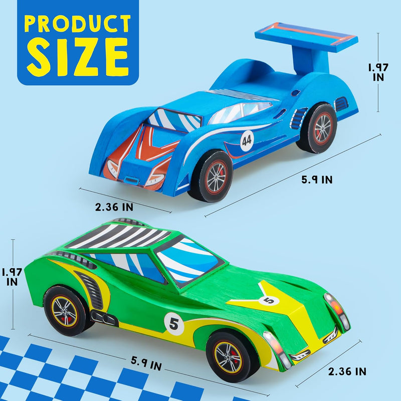 Klever Kits 4 DIY Wooden Race Cars Craft Kit for Kids, Easy to Assemble Arts and Crafts Toy with Paint and Stickers
