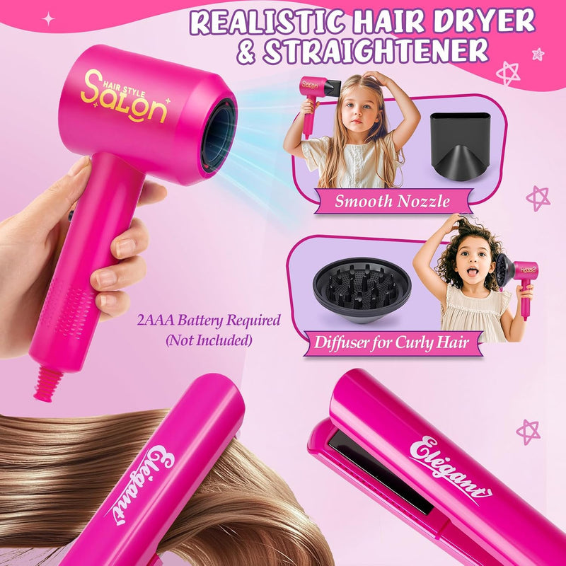 Cleboen Hair Styling Doll Head for Girls, Pretend Play Beauty Salon Makeup Kit with Hair Dryer, Straightener & Real Nail Polish, 35PCS Hair Accessories Playset, Birthday Gifts for Girls Age 4-6 6-8