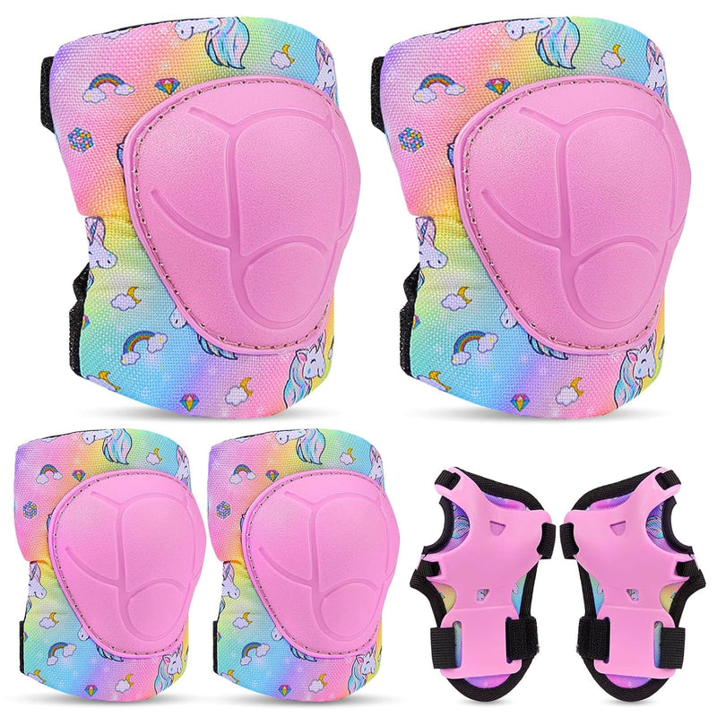 Fioday Kids Knee Pads Set with Adjustable Elbow Pads and Wrist Guard for Roller Skates Cycling Skateboard, 3-8 Years, Rainbow Unicorn