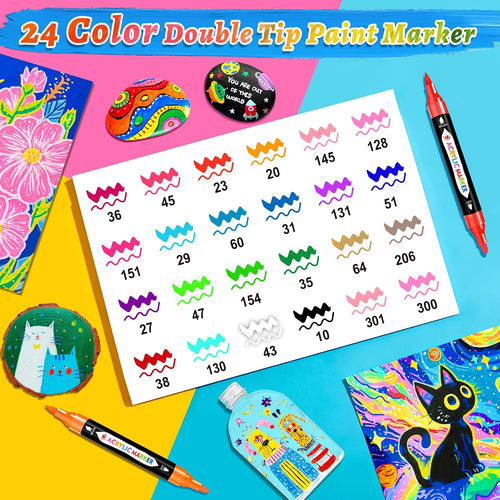 TBC The Best Crafts Acrylic Paint Markers, 24 Colors Dual Tip – Waterproof, Non-Toxic, Fast-Drying Art Pens for Rock Painting, Wood, Glass, Ceramic, Fabric – Art Supplies for Artists & Hobbyists