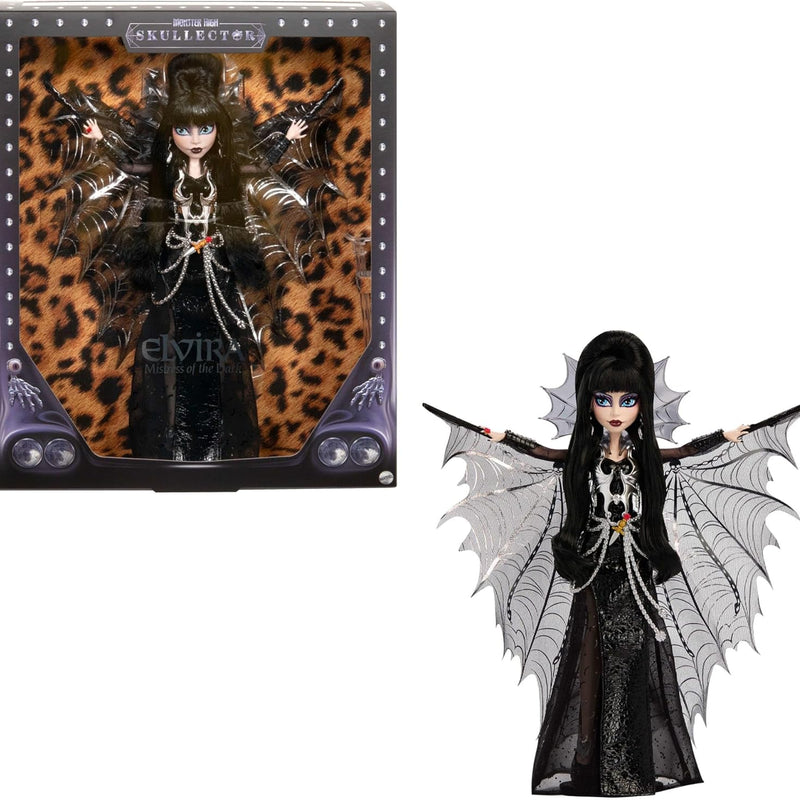 Monster High Doll, Elvira, Mistress of the Dark Collectible in Black Faux Leather Dress with Silvery Batwing Cape and Premium Accessories
