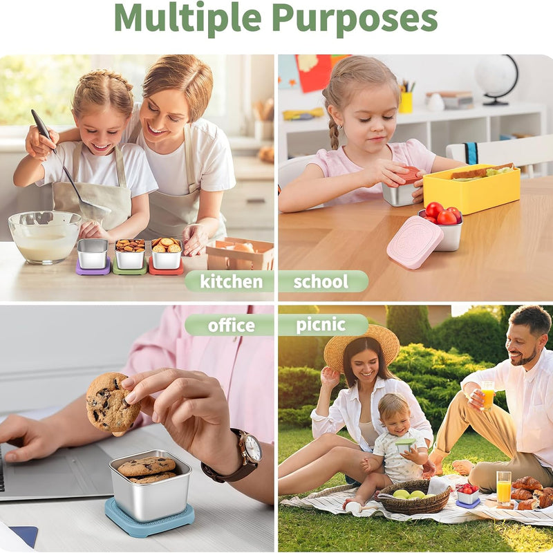 SANEXC 6 Oz Stainless Steel Snack Containers for Kids - 6 Pack Metal Food Containers with Lids Silicone Easy Open 100% Leak Proof BPA Free Reusable Baby Lunch Box for Daycare Travel and Office