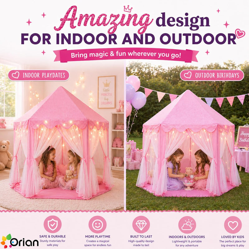Orian Princess Tent for Kids, Toddler & Kids Pink Play Tent Indoor & Outdoor Princess Castle Fort for Girls and Toddlers Ages 2-7, 55”x53”, LED Star Lights, Children’s Toys and Gifts for Girls