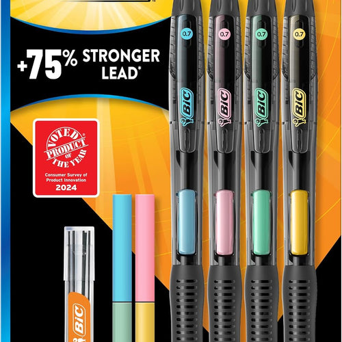 BIC Break Resistant Mechanical Pencils with Erasers, No. 2 Medium Point (0.7mm), 4-Count Pack Pencils for School or Office Supplies, Lead and Eraser Refills