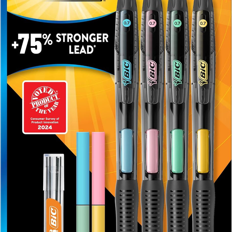 BIC Break Resistant Mechanical Pencils with Erasers, No. 2 Medium Point (0.7mm), 4-Count Pack Pencils for School or Office Supplies, Lead and Eraser Refills