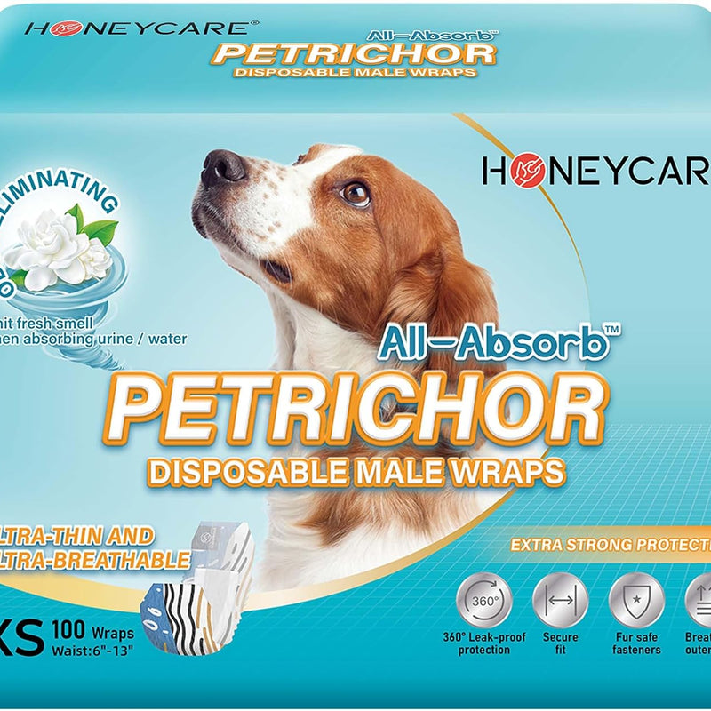 HONEY CARE All Absorb Petrichor Male Dog Wrap, Fresh Smell Dog Diaper, Disposable, Small, White, 100 Count