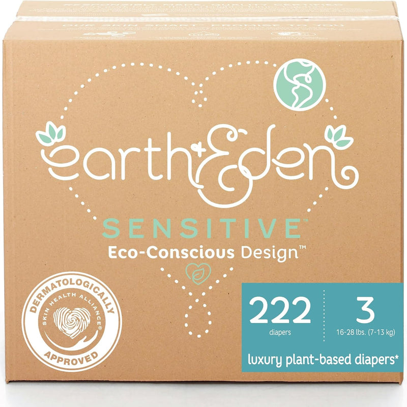 Earth & Eden Sensitive Baby Diapers, Size 3, No Harsh Chemicals, 222 ct | Eco-Conscious, Hypoallergenic, No Harsh Chemicals, Dermatologically Approved
