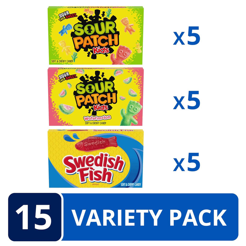 SOUR PATCH KIDS & SWEDISH FISH Soft & Chewy Gummy Candy Variety Pack, 15 ct | 3 Flavors, Bulk Candy