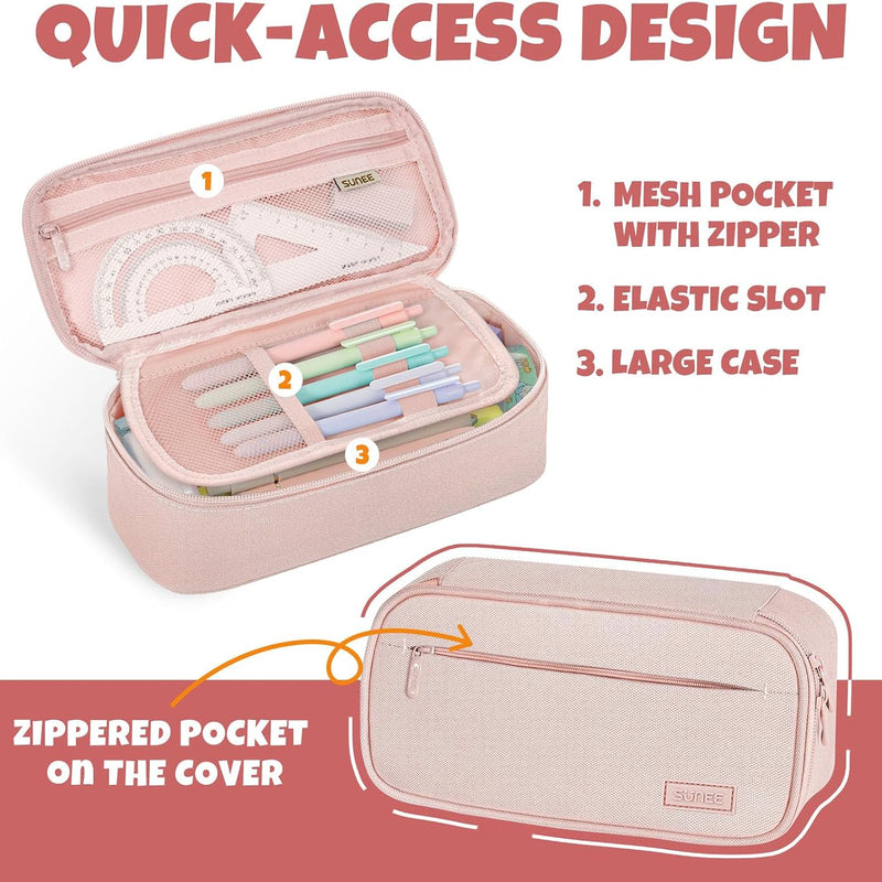 SUNEE Cute Pencil Case, Large Capacity Pencil Pouch, Big Storage Organizer for Stationery, Zipper Pen Bag, Back to School Supplies, Office Organizer Makeup Bag, for Teen Girl Boy Men Women, Pink