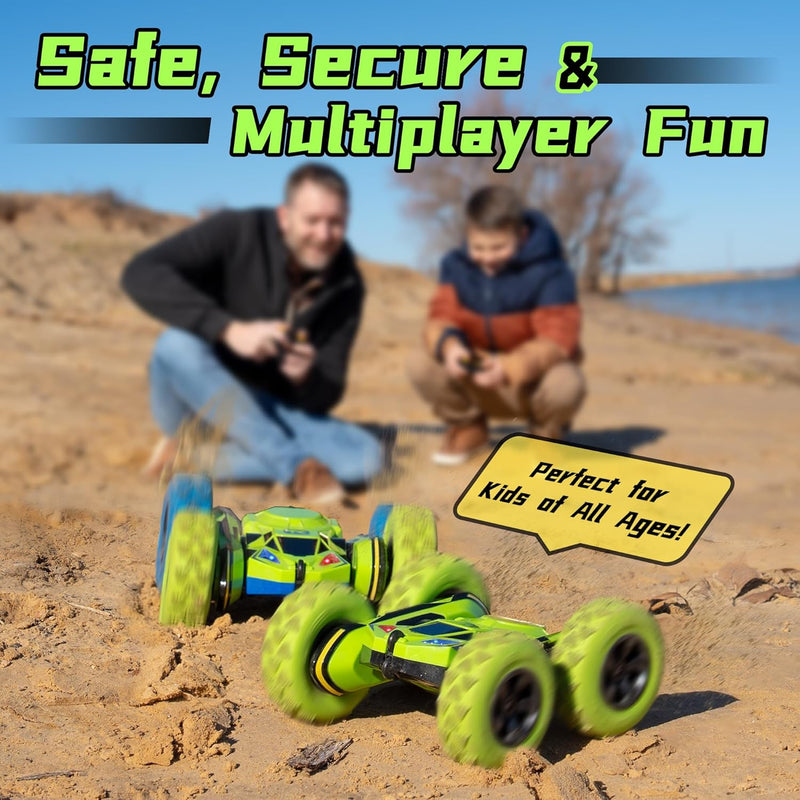 Threeking 4WD stunt RC car with soft lights, green, for kids ages 6-12, unique gift
